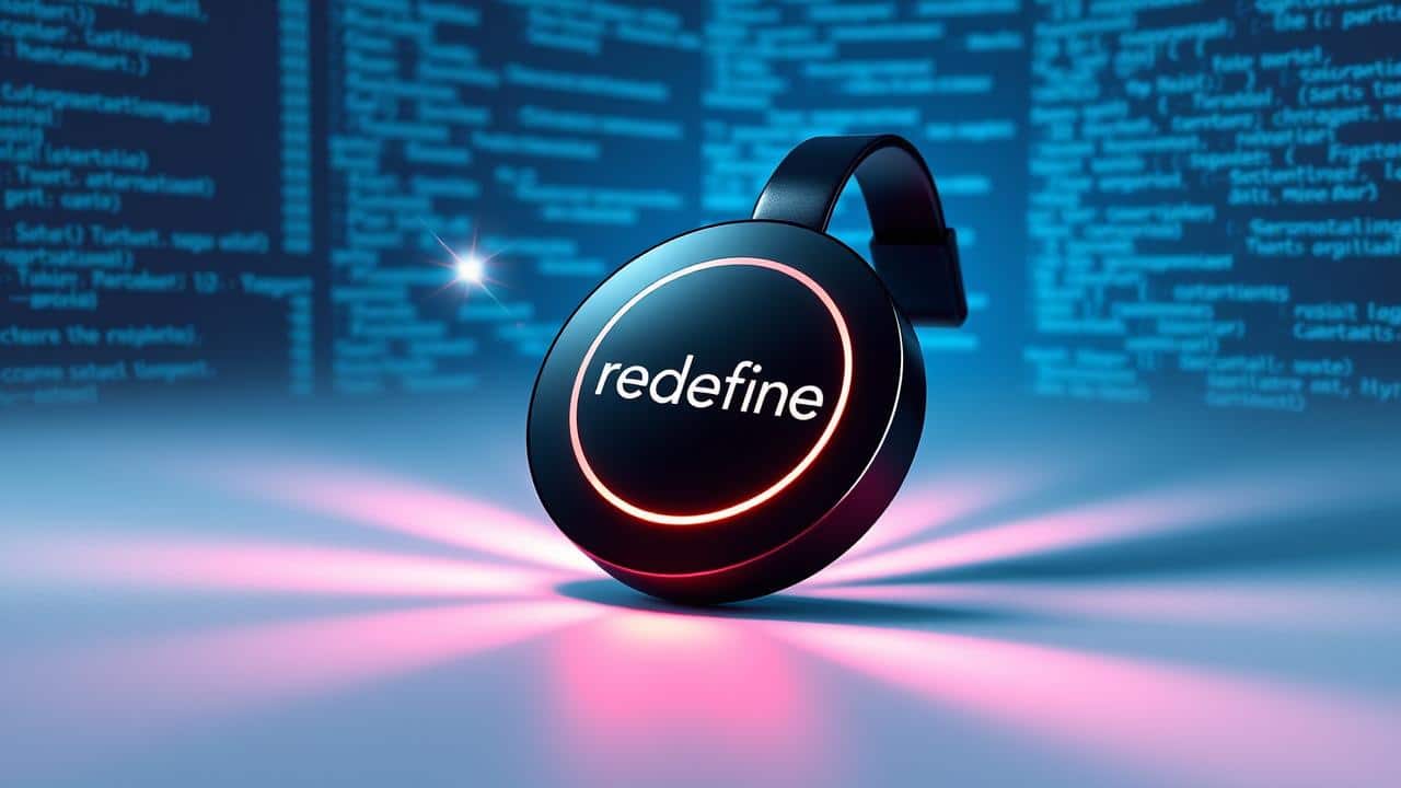 Imagem conceitual de um Chromecast sendo redefinido, com luzes e dados digitais ao redor.
