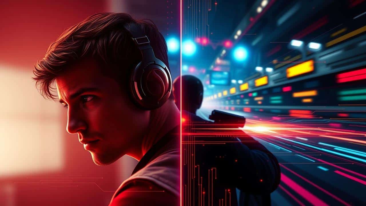 Imagem dividida mostrando cena de filme em streaming e cena de videogame, com padrões de IA otimizando imagem e som no fundo.