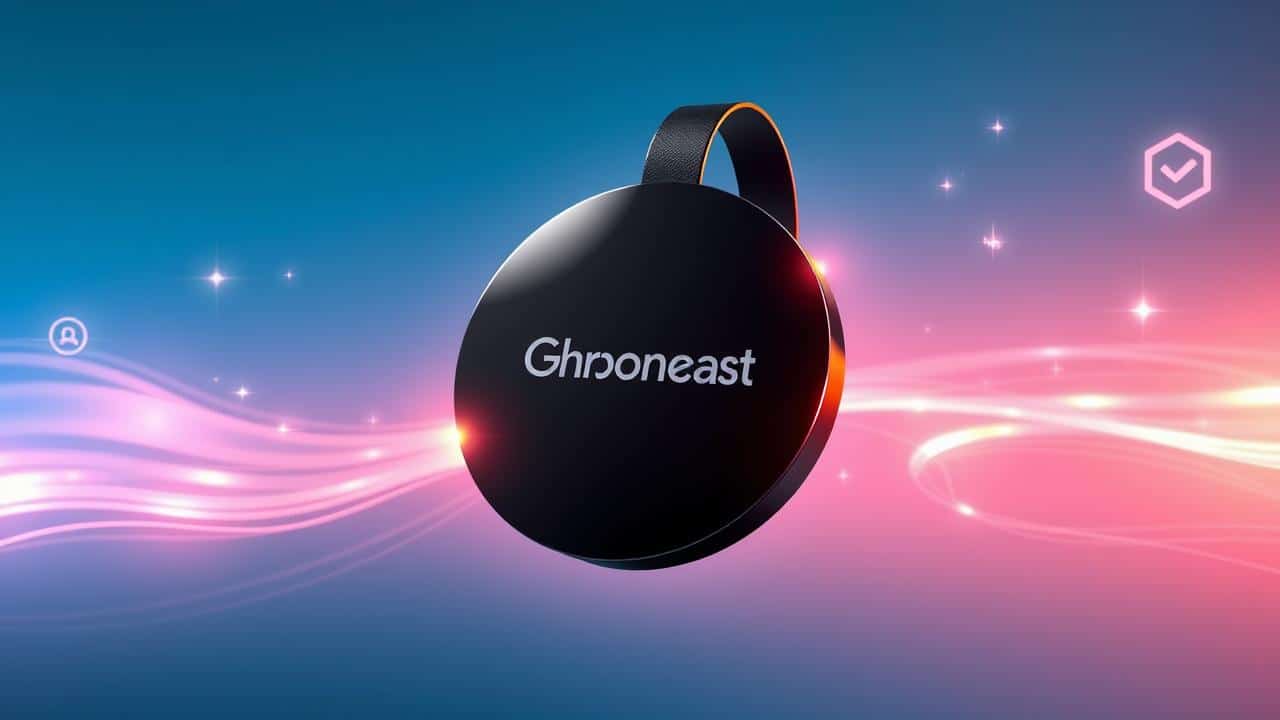 Chromecast moderno com ícones digitais representando desempenho, segurança e novas funcionalidades.