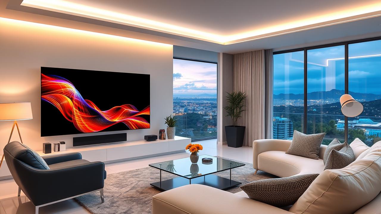 Sala de estar futurista com Smart TV 4K ultrafina exibindo conteúdo vibrante.