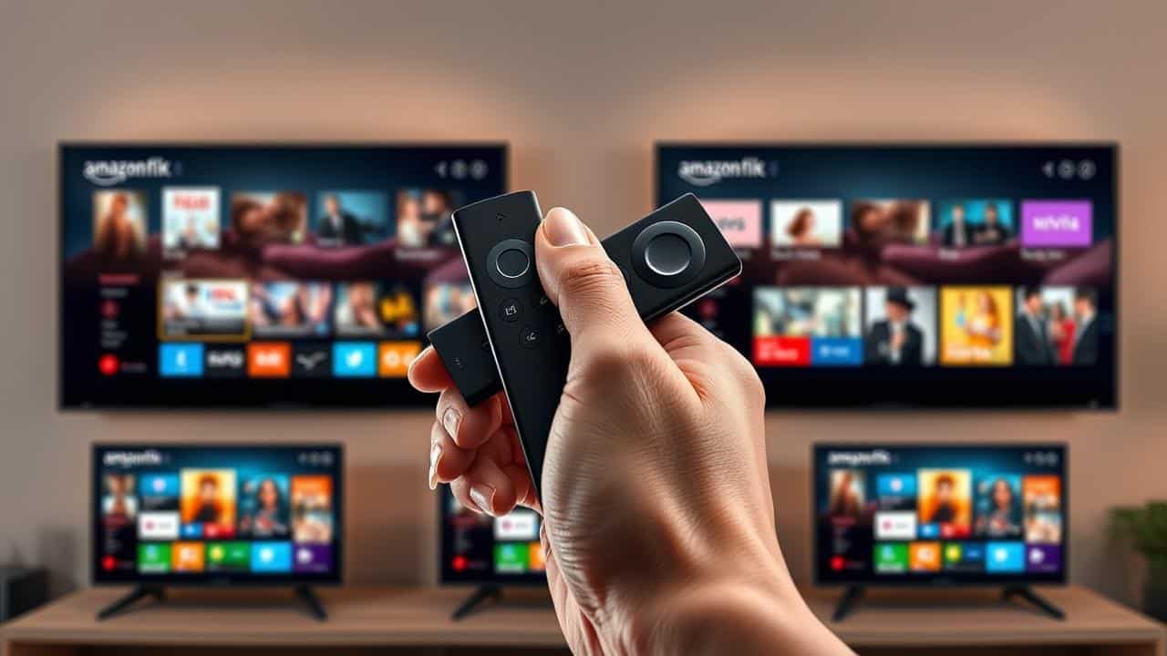 Mão segurando controle remoto Fire TV Stick com TVs exibindo conteúdo de streaming ao fundo.