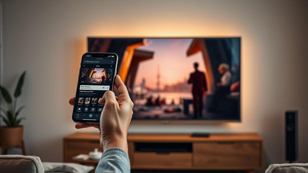 Mão segurando um smartphone que espelha conteúdo de streaming para uma televisão.