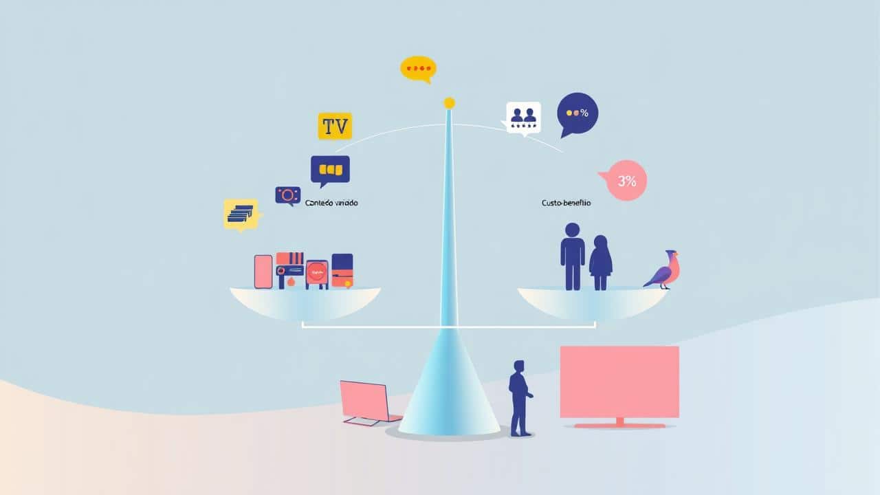 Infográfico isométrico com ícones de conteúdo, dispositivos, perfis e custo-benefício para escolha de streaming.