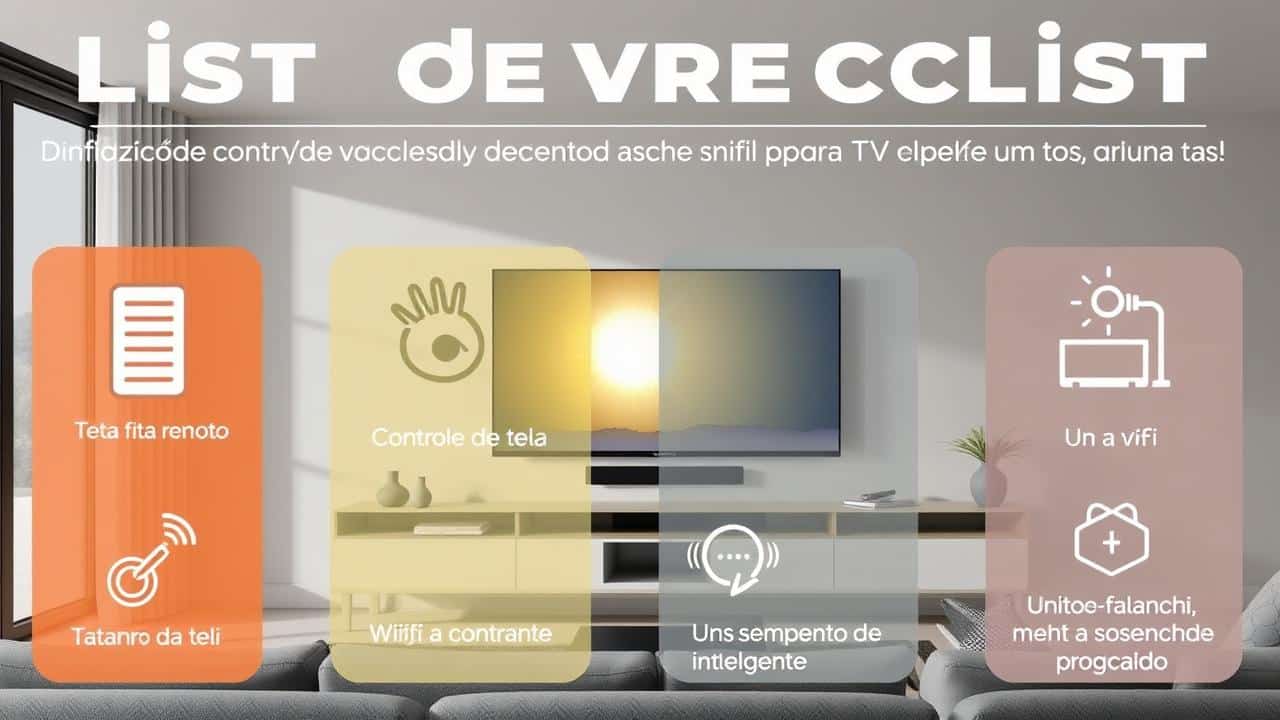 Infográfico de checklist para TV 4K, com ícones visuais para tamanho, smart features, imagem, áudio e custo.