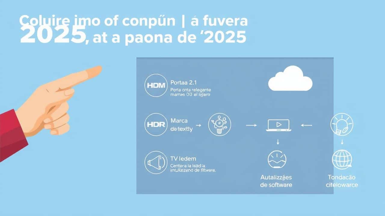 Infográfico de guia de compra de TV 4K, com ícones de HDMI 2.1, HDR, marcas e atualizações de software.