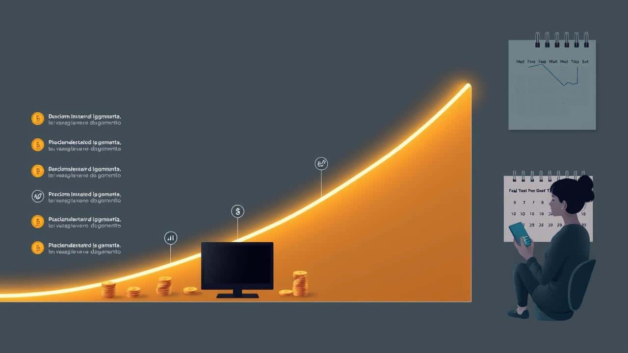 Infográfico profissional com gráfico de crescimento, símbolos de dinheiro, TV 4K e pessoa planejando investimento.