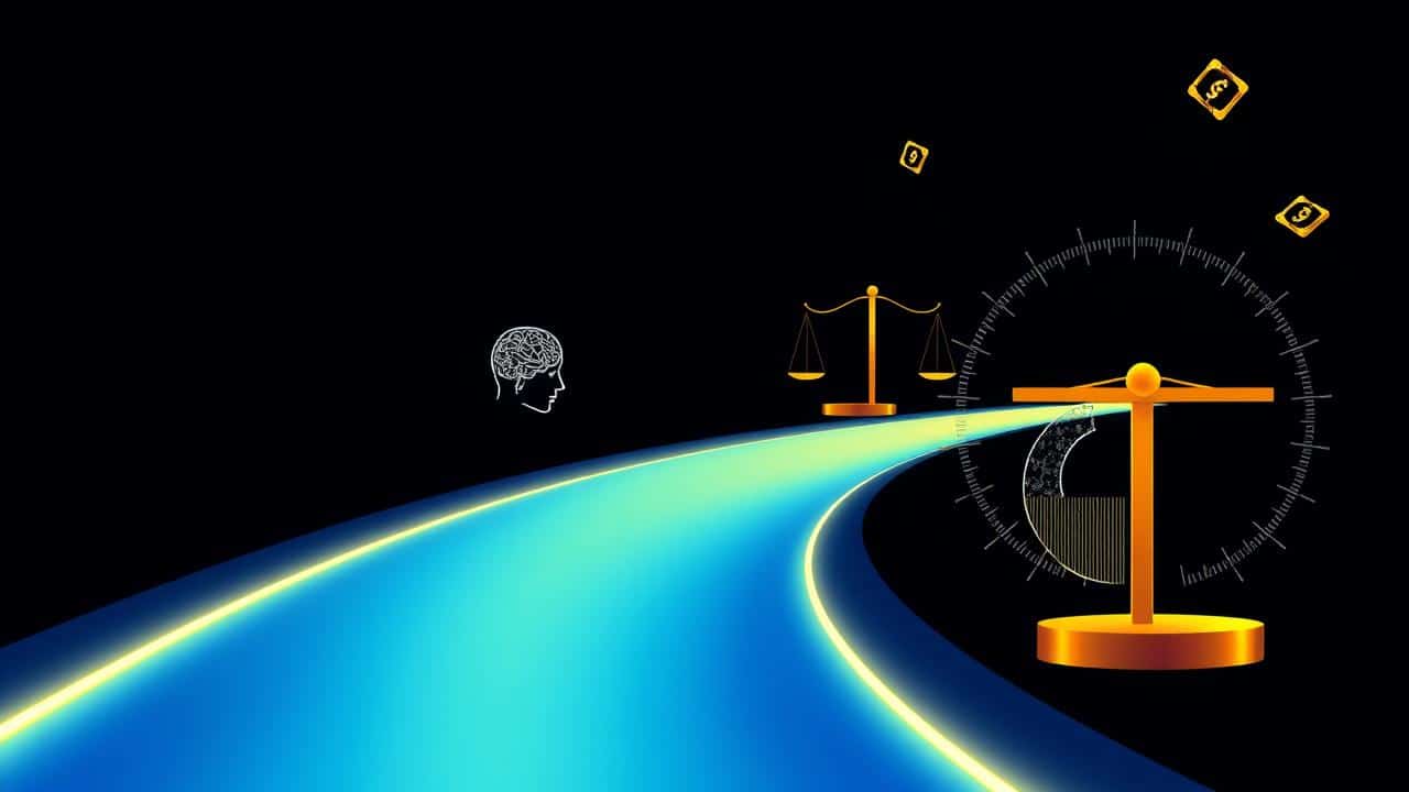 Infografia futurista com caminho e ícones visuais de tecnologias de TV 4K, simbolizando custo-benefício.