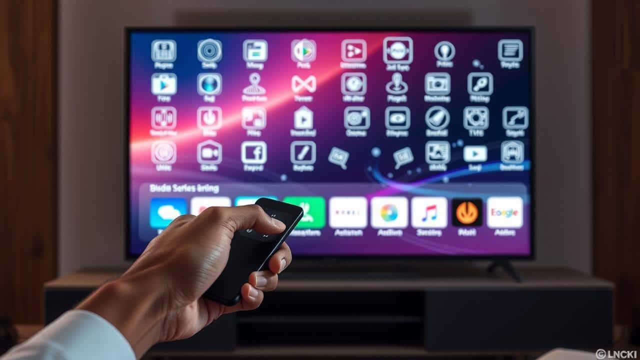 Mão com controle remoto futurista interagindo com TV 4K exibindo ícones de streaming e casa inteligente com IA.
