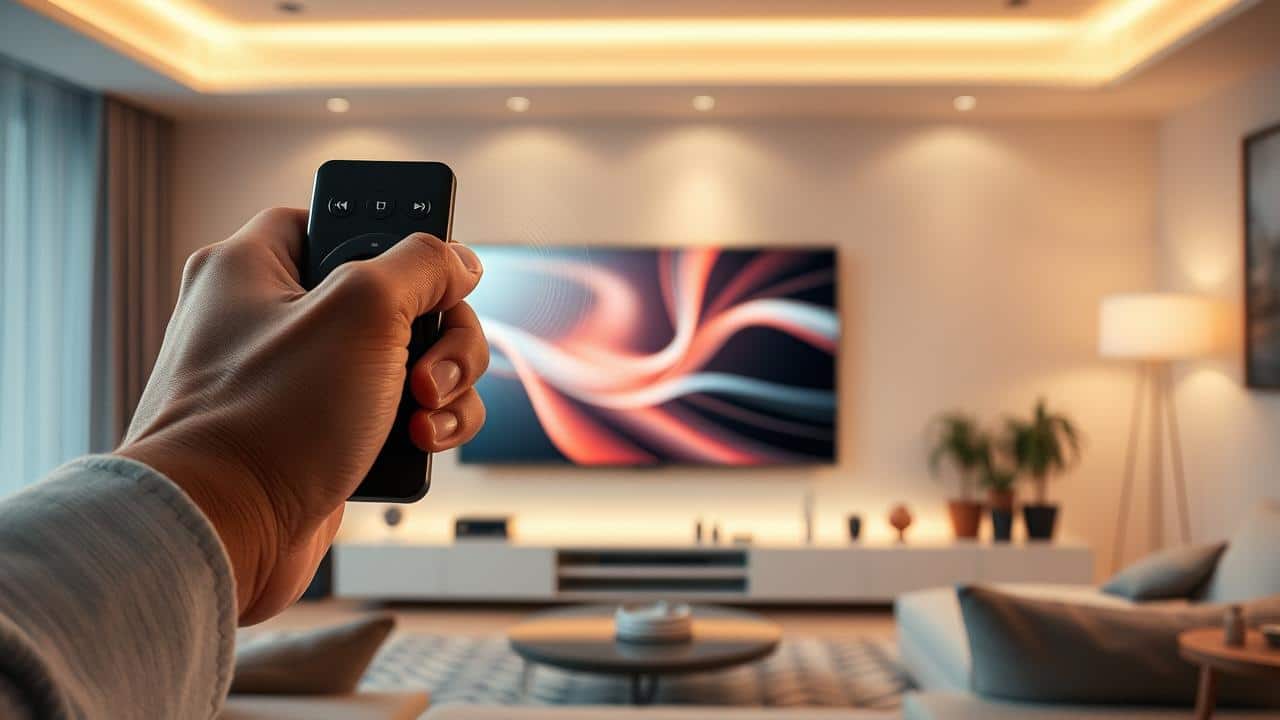 Mão usando controle remoto para Smart TV 32 polegadas via comando de voz, com ondas sonoras.