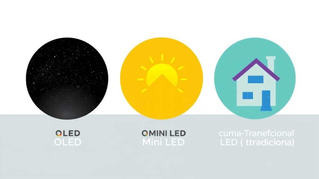 Infográfico comparativo das tecnologias de TV OLED, QLED/Mini LED e LED tradicional.