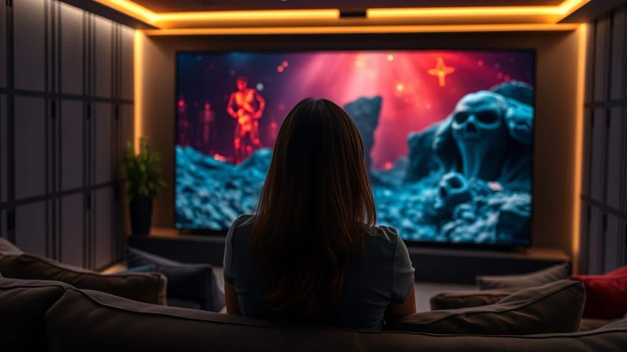 Pessoa assistindo a um filme imersivo em uma TV 4K gigante (100+ polegadas) em um home theater.