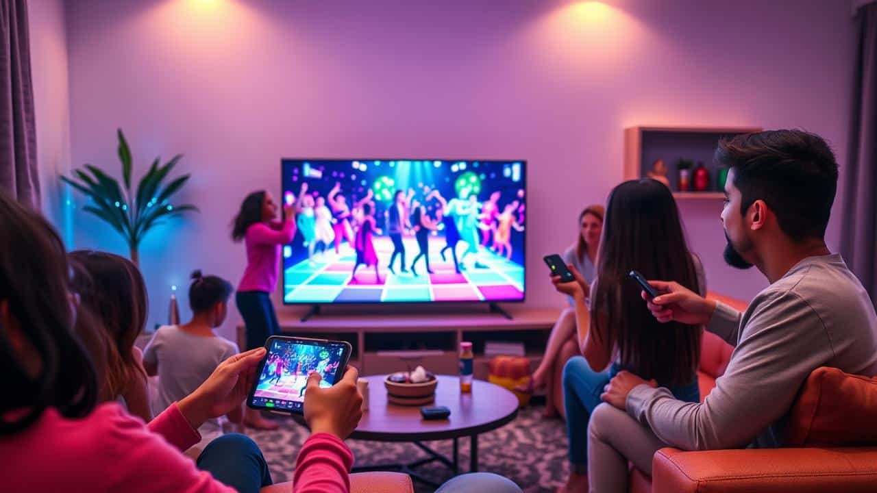 Pessoas dançando e jogando um jogo interativo em uma TV, usando smartphones e Chromecast.
