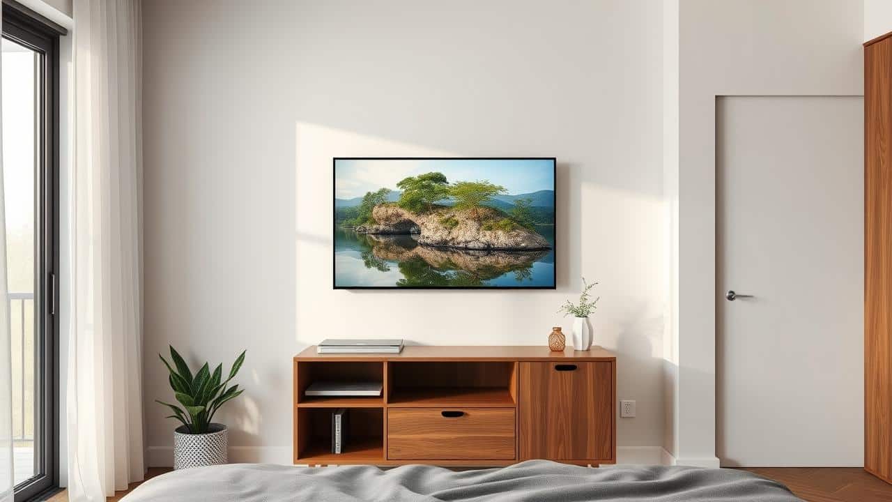 Quarto moderno e acolhedor com Smart TV 32 polegadas montada na parede, otimizando espaço.