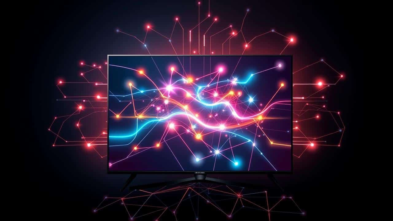 Representação abstrata de uma Smart TV com IA, mostrando o fluxo de dados e otimização de imagem, som e personalização.