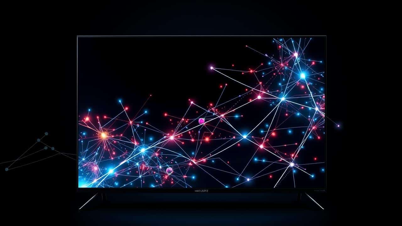 Visualização abstrata de Inteligência Artificial otimizando a imagem e som de uma TV 4K.