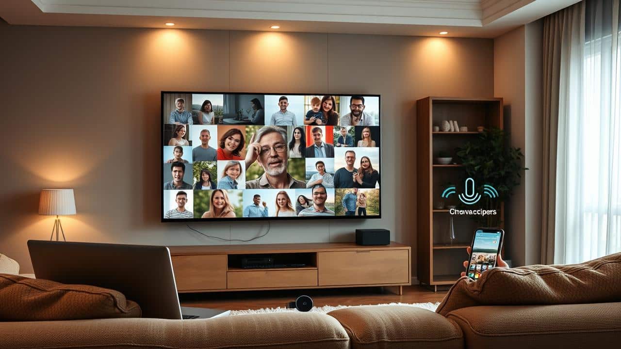 Sala de estar com TV exibindo fotos e vídeos pessoais, transmitidos por Chromecast do laptop e smartphone.