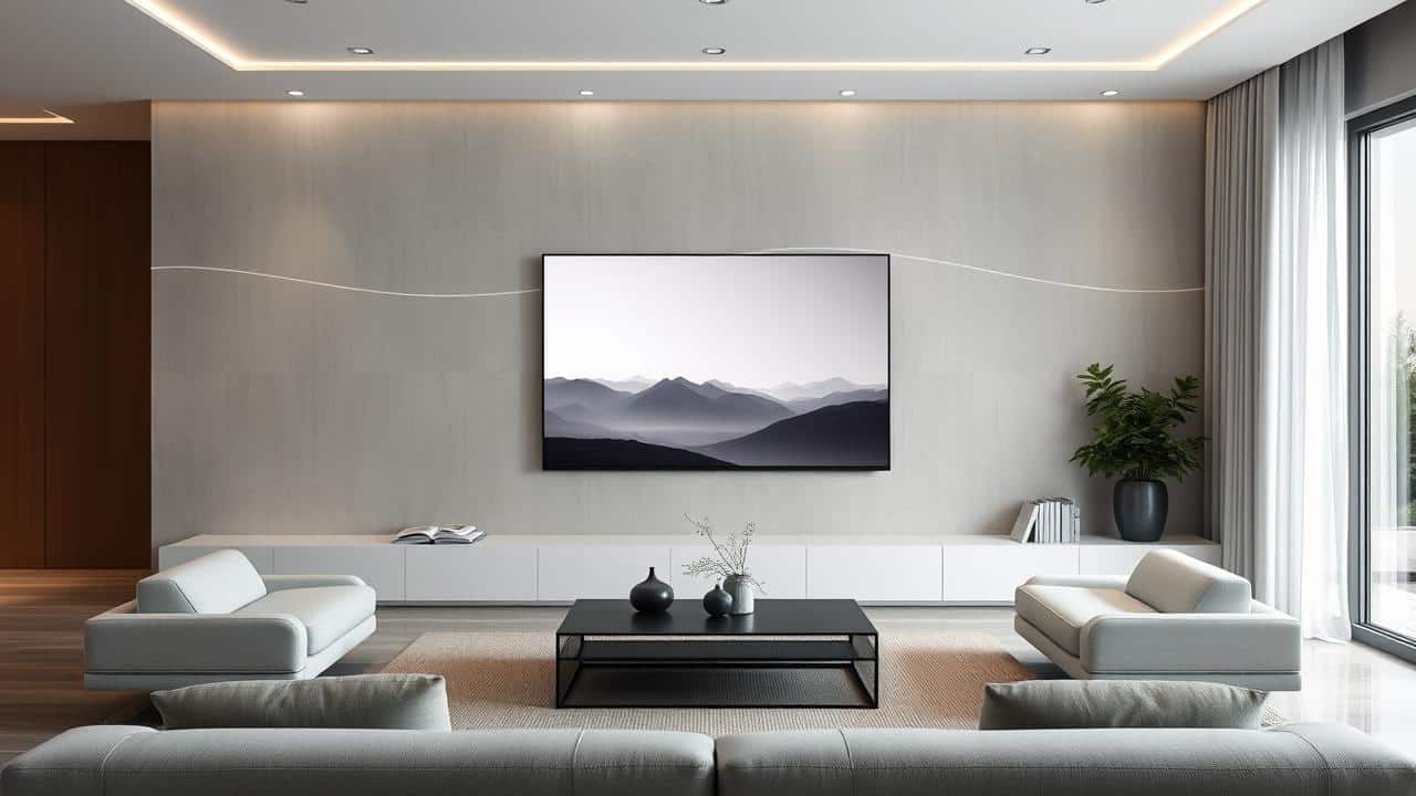 Sala de estar futurista com Smart TV ultrafina e semitransparente, integrada ao ambiente e conectada a dispositivos inteligentes.