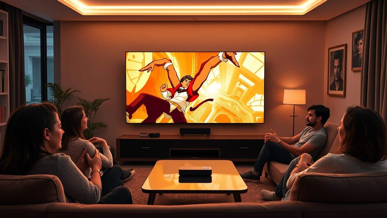 Sala de estar moderna com o Google TV Streamer centralizando entretenimento 4K HDR e uma casa inteligente.