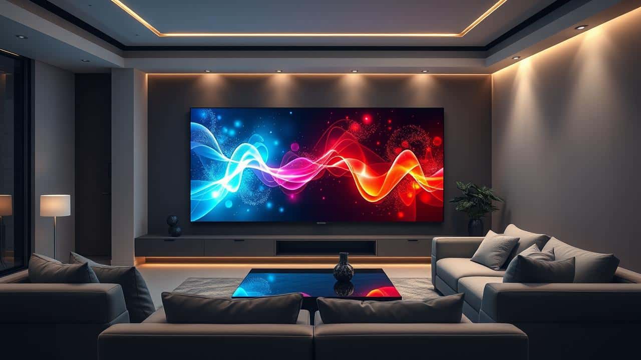 Sala de estar moderna com TV de alta tecnologia e iluminação imersiva