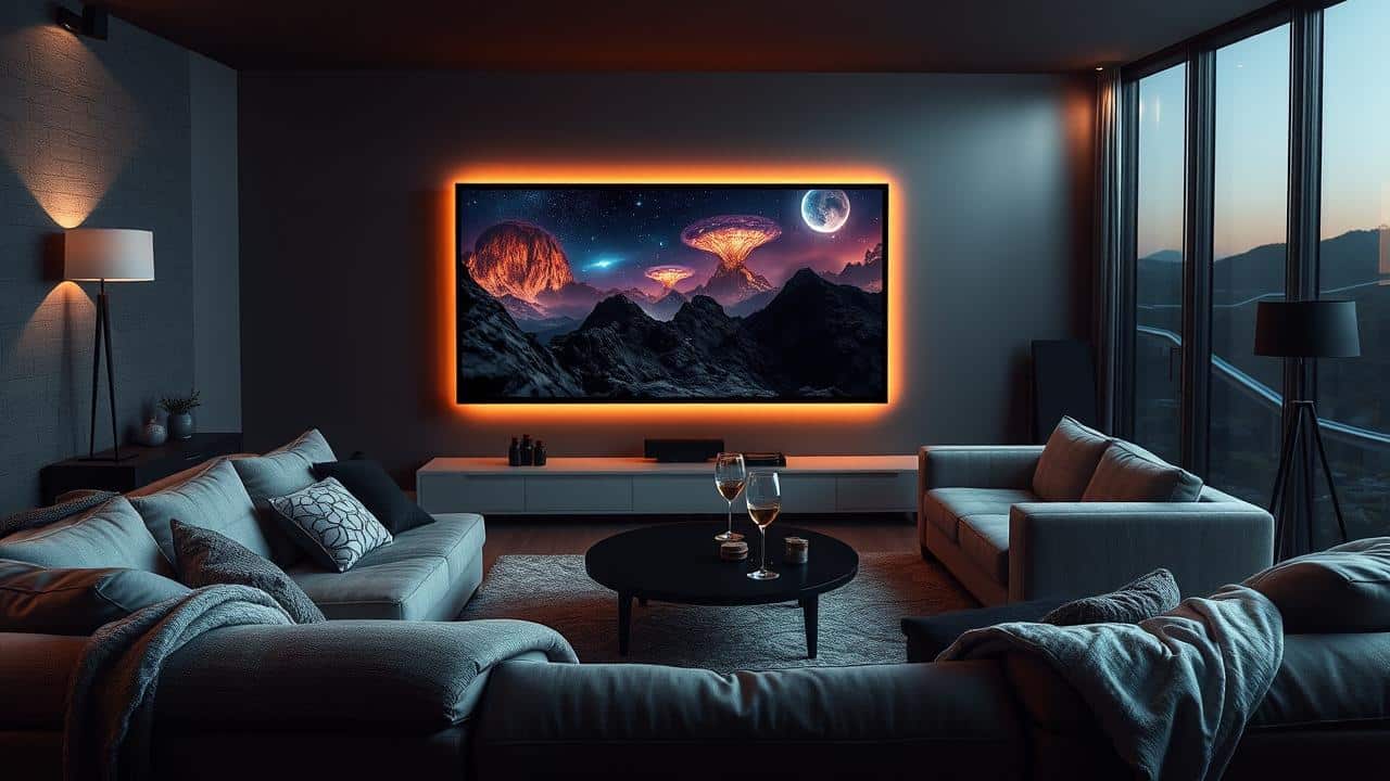 Sala de estar com TV de 55 polegadas exibindo cena de filme.