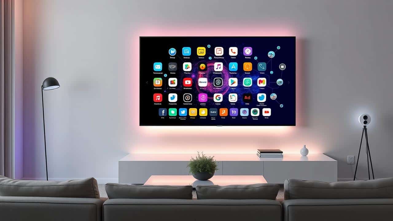 Smart TV como hub central em uma sala moderna, conectando streaming, apps e dispositivos de casa inteligente.