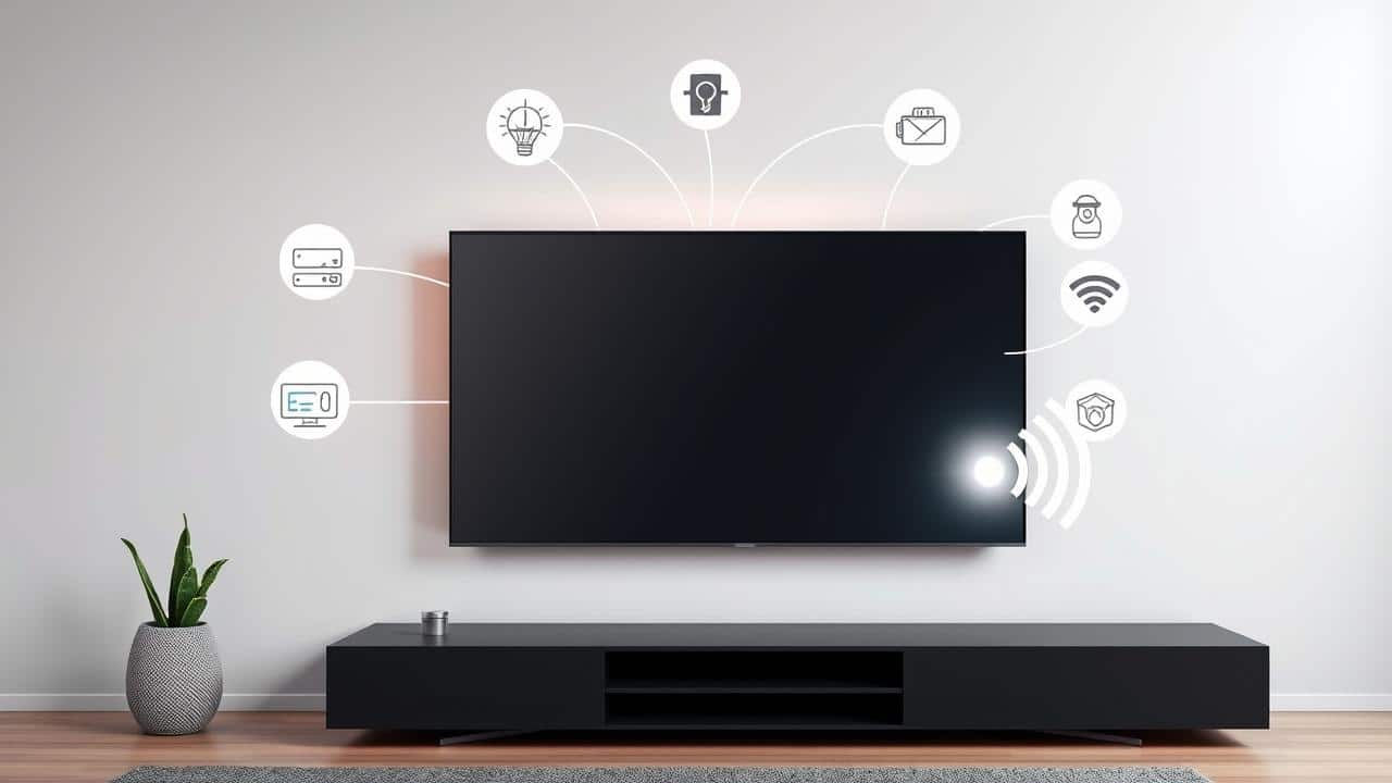 TV 4K com painel de casa inteligente, ícones de dispositivos conectados, Wi-Fi e controle por voz.