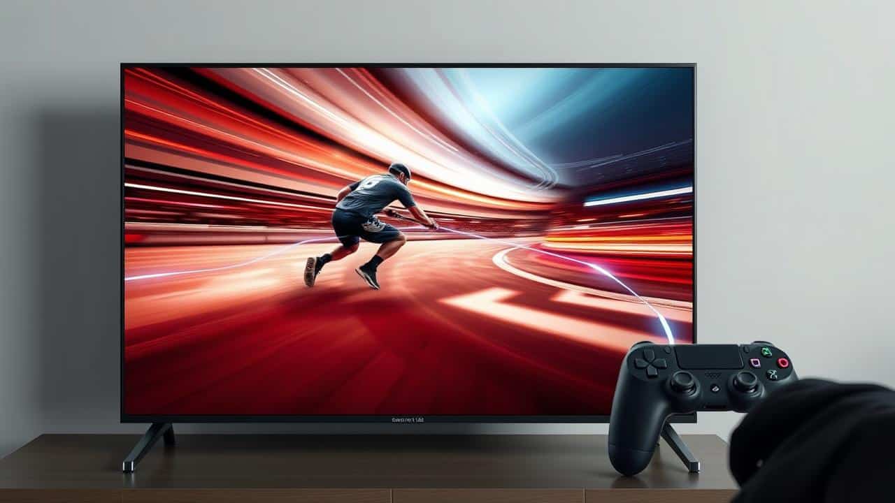 TV 4K exibindo um jogo de corrida em alta velocidade com um controle conectado, simbolizando baixa latência para gamers.