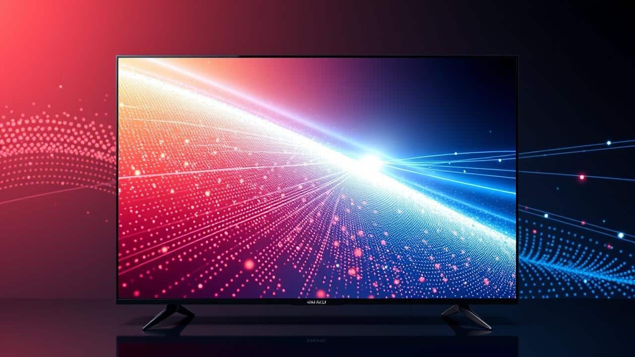 TV 4K futurista com padrões abstratos representando Mini-LED, MicroLED e QD-OLED, e otimização por IA.