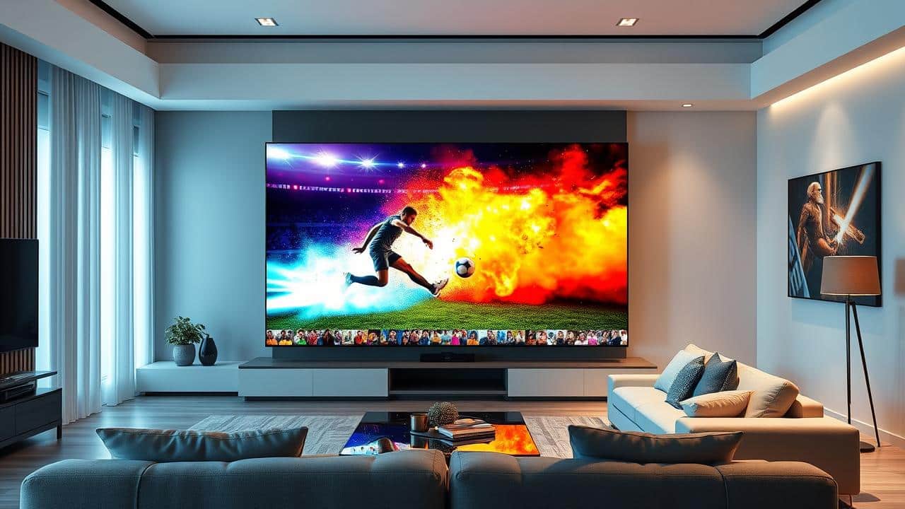 TV 4K grande em sala de estar, exibindo conteúdo dinâmico com efeitos HDR e imersão visual.