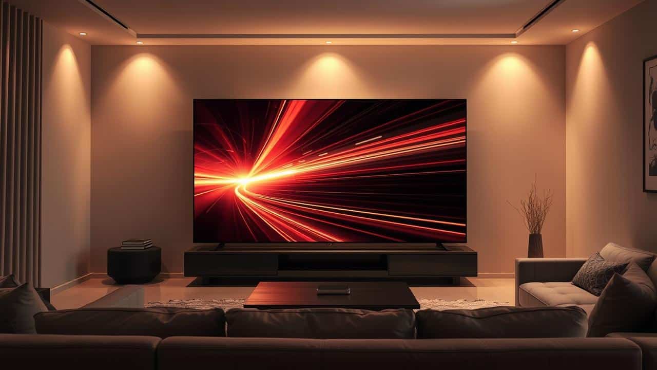 Tela de TV 4K com cena cinematográfica e ondas sonoras 3D abstratas preenchendo uma sala de estar moderna.