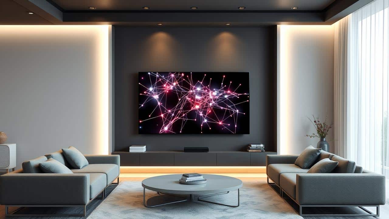 Tela de TV 4K com padrões de IA e ondas sonoras, em sala de estar moderna.