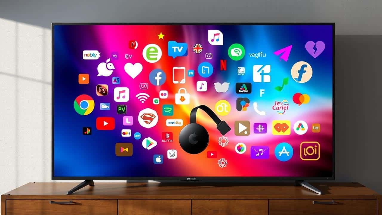 Tela de TV mostrando uma colagem vibrante de serviços de streaming via Chromecast e smartphone.