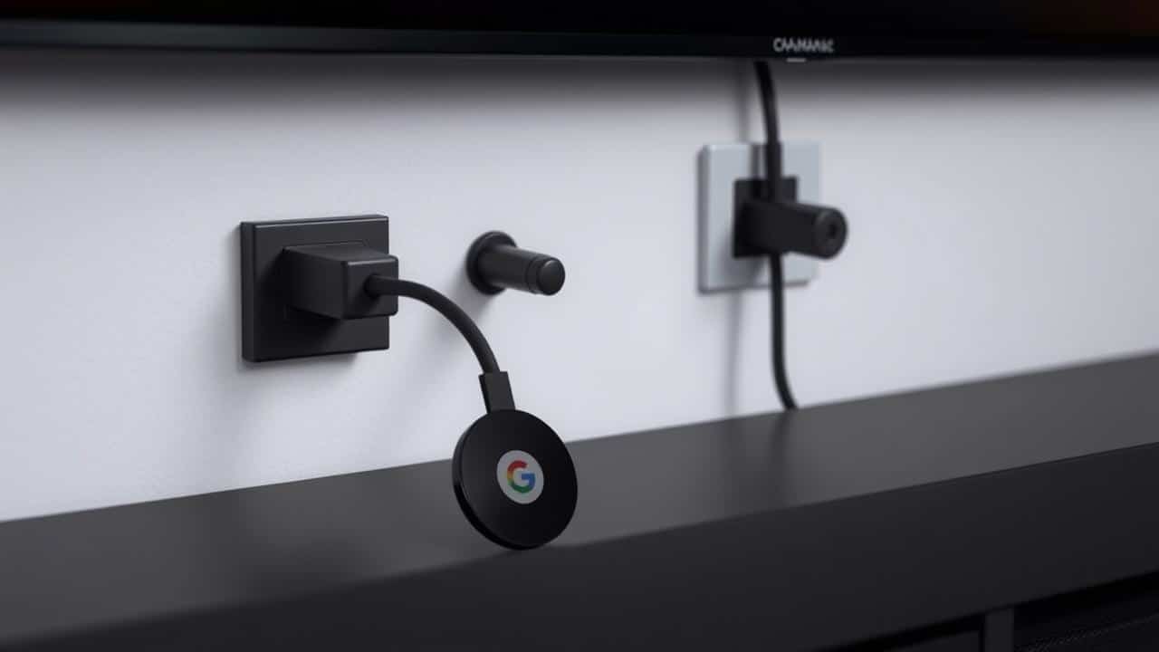Chromecast com Google TV e adaptador Ethernet para conexão cabeada.