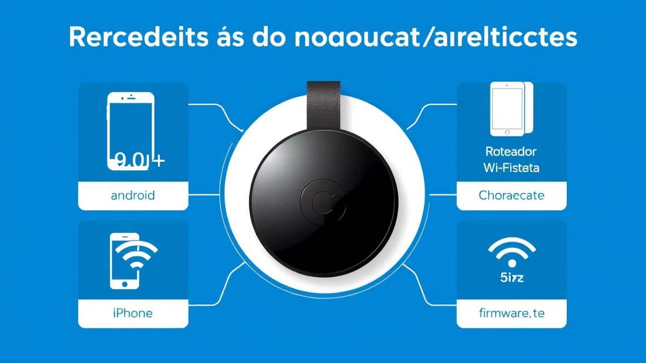 Infográfico sobre requisitos do Chromecast: Android 9+, iOS atualizado, Wi-Fi 5GHz, firmware atualizado.