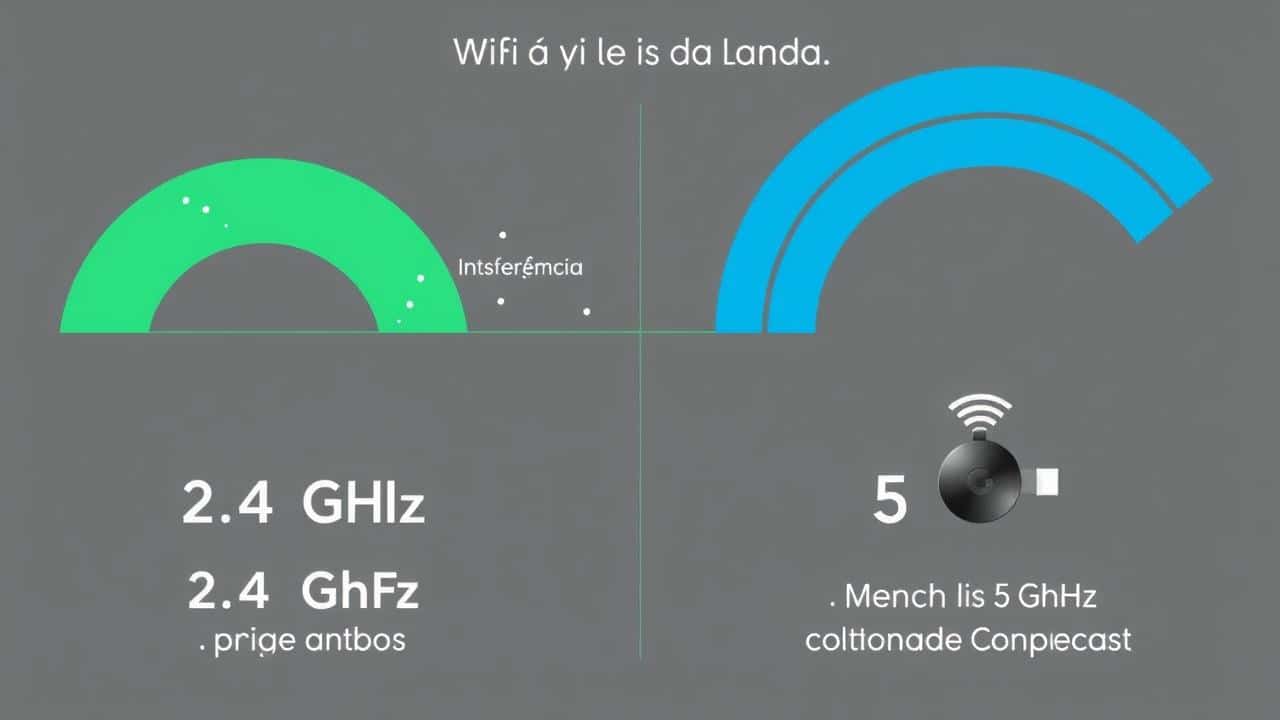 Infográfico comparando alcance e velocidade Wi-Fi 2.4 GHz e 5 GHz para Chromecast.