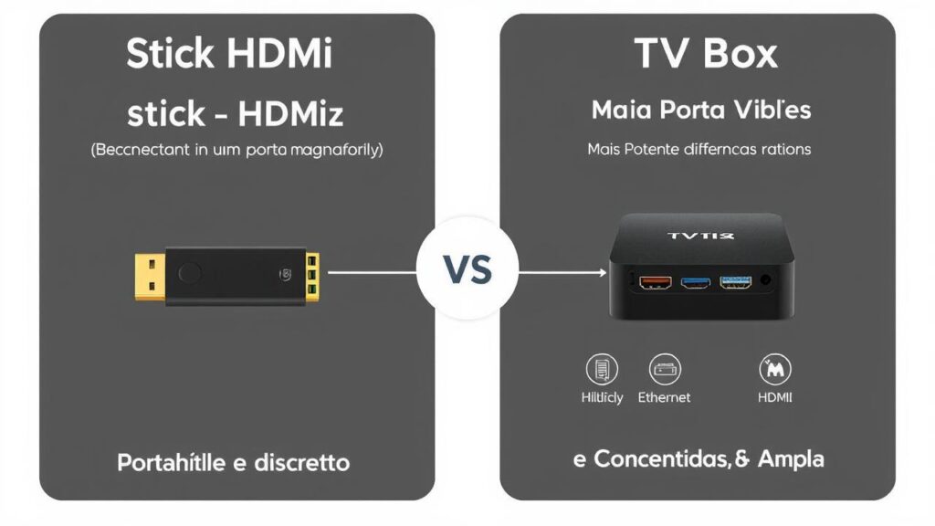 Infográfico visual comparando um Stick HDMI e uma TV Box com suas características.