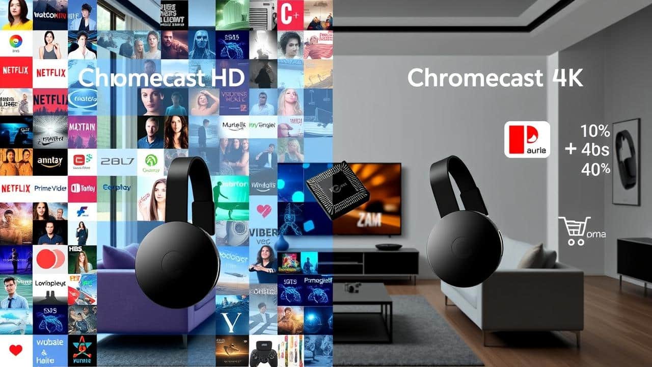 Mosaico digital comparando Chromecast HD e 4K, com ícones de streaming e gráficos de preços.