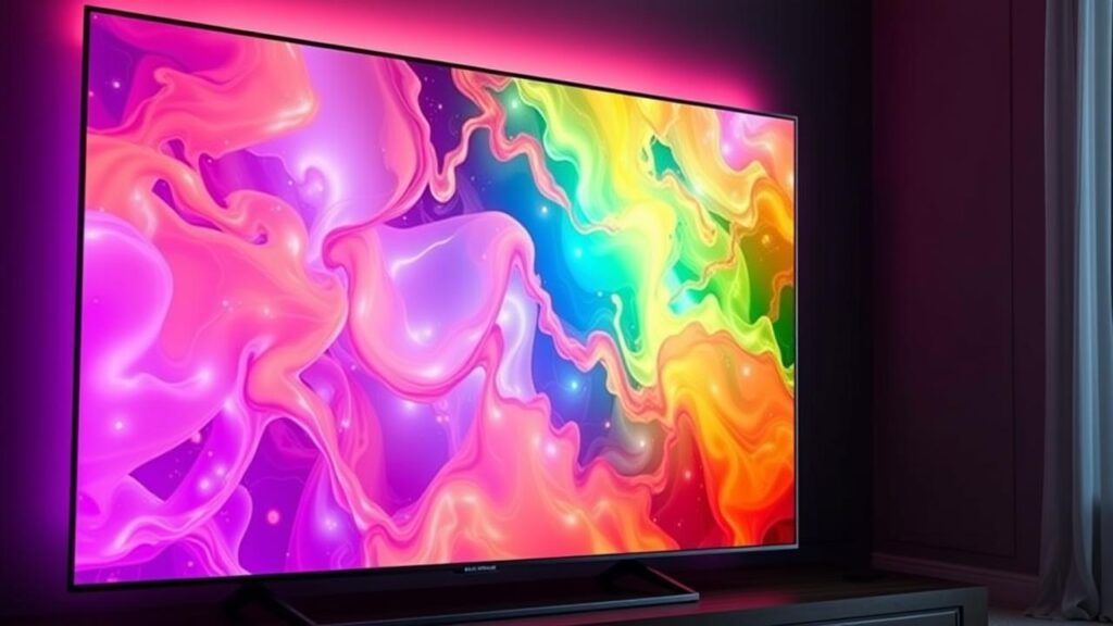TV QLED Mini LED com cores vibrantes e brilho intenso em paisagem ensolarada.