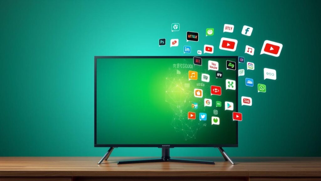 Ilustração de uma TV antiga se modernizando com ícones de streaming.