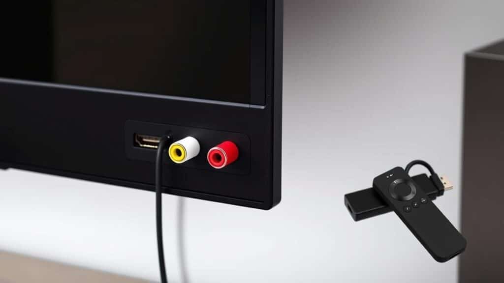 Conversor RCA para HDMI conectado a uma TV de tubo com um Fire TV Stick.