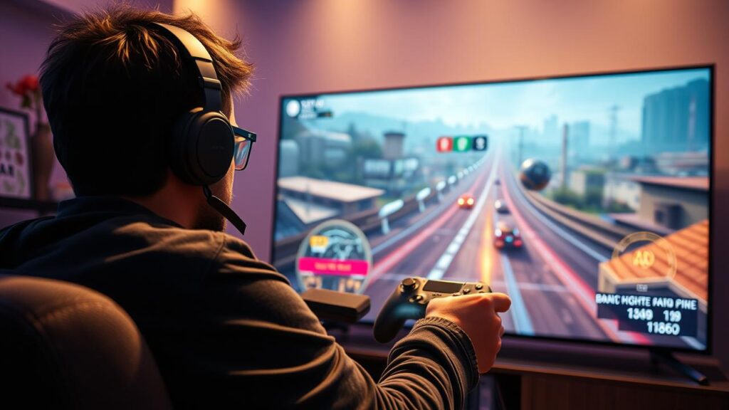 Gamer imerso em jogo de alta qualidade em TV 4K, com gráficos vibrantes e movimento fluido.