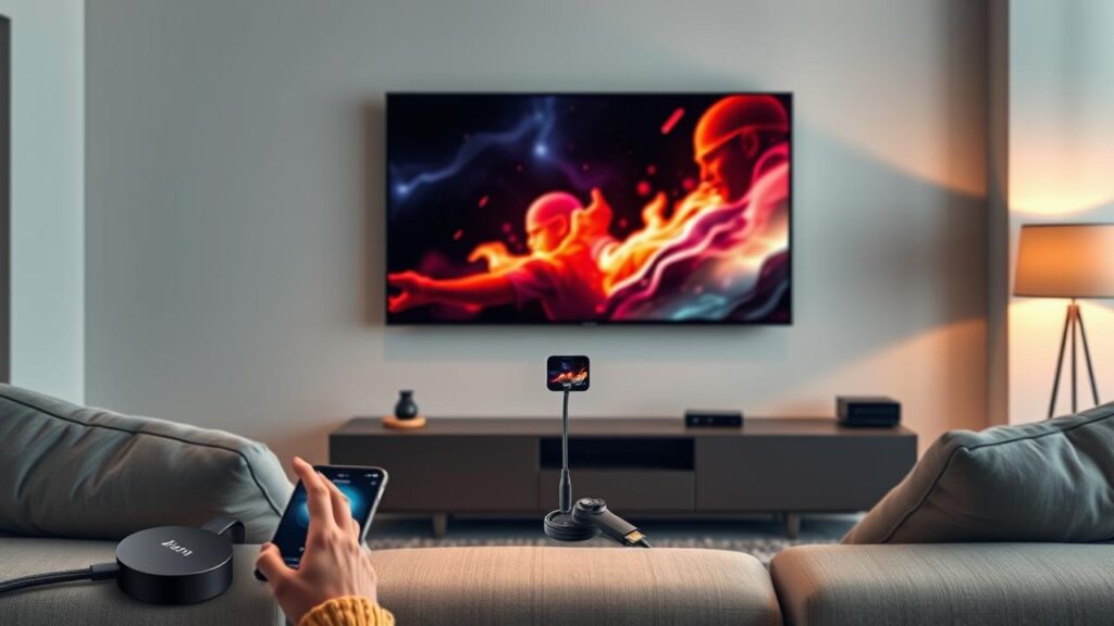 Cena de sala de estar moderna com TV exibindo conteúdo do smartphone, destacando conexões com e sem fio.