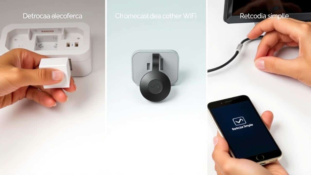 Ilustração de mãos reiniciando roteador, Chromecast e smartphone para solucionar problemas.