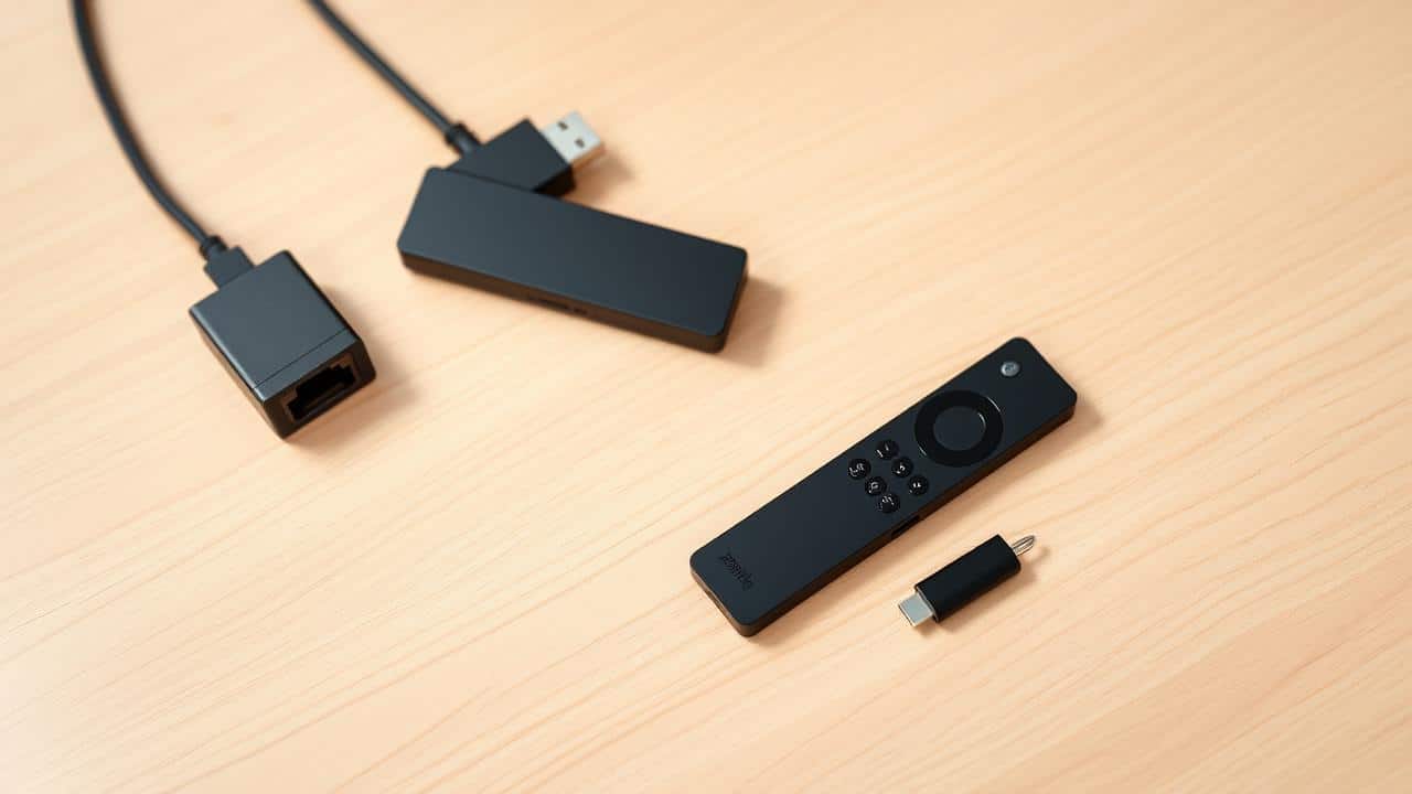 Disposição fotorealista de Fire TV Stick e seus acessórios essenciais.
