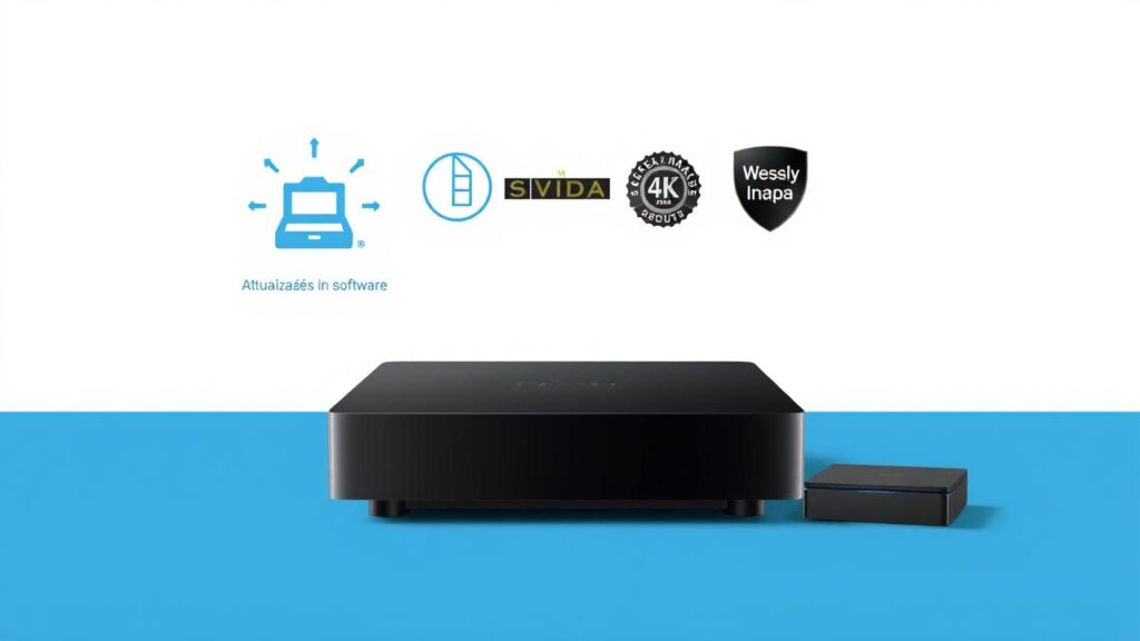 Importância de atualizações e marcas renomadas, destacando NVIDIA Shield TV Pro e Onn. 4K Google TV Box.