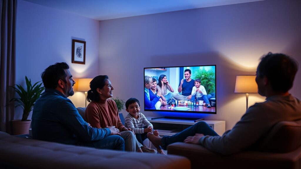 Família assistindo TV LED 4K em sala de estar clara, mostrando uso diário prático.