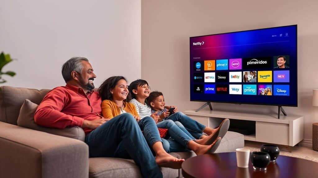 Família feliz assistindo a filmes e séries em uma Smart TV.