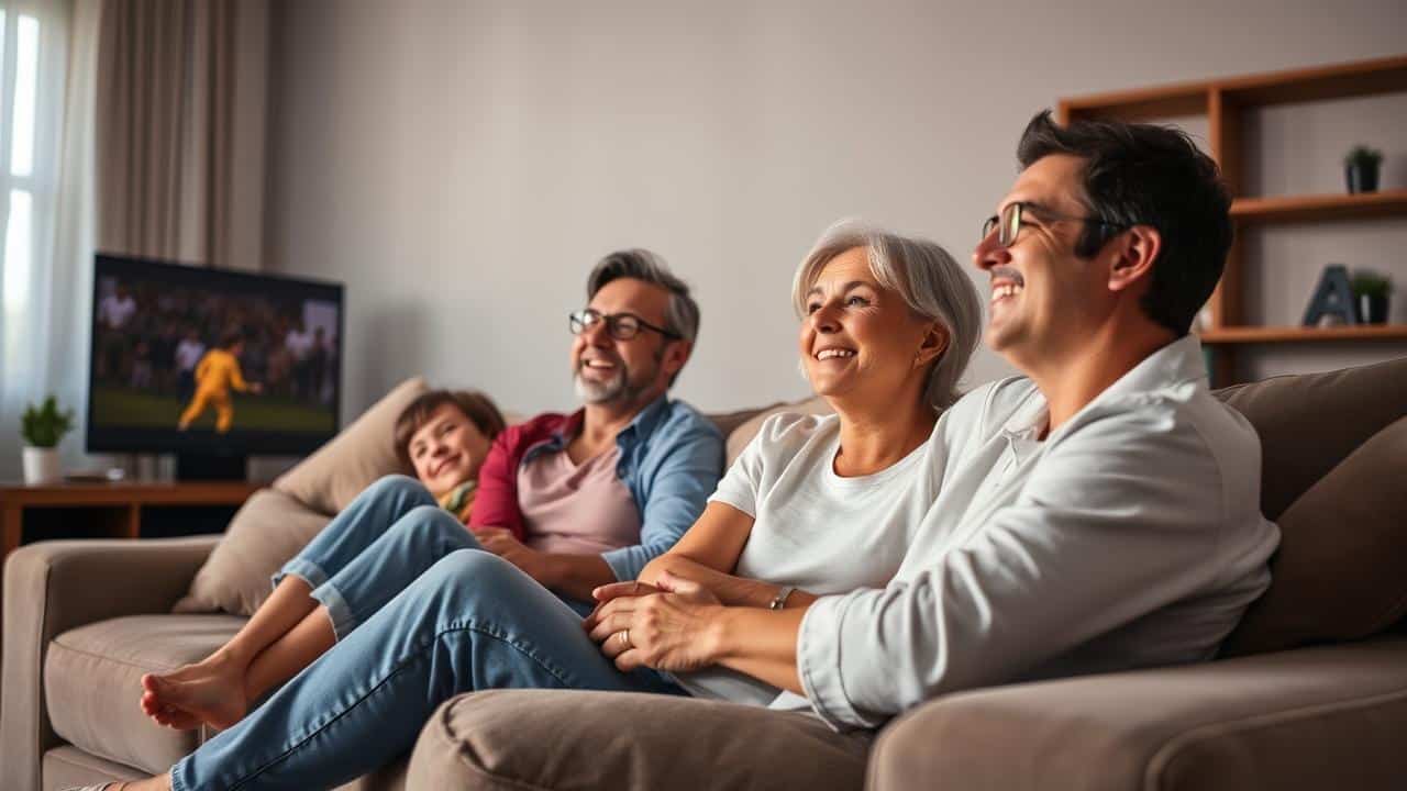 Família relaxando e desfrutando de streaming em uma TV grande na sala de estar.