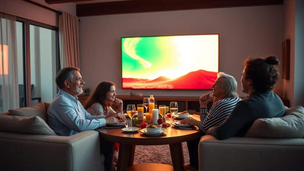 Família desfrutando de entretenimento premium em uma grande TV 4K em sala aconchegante.