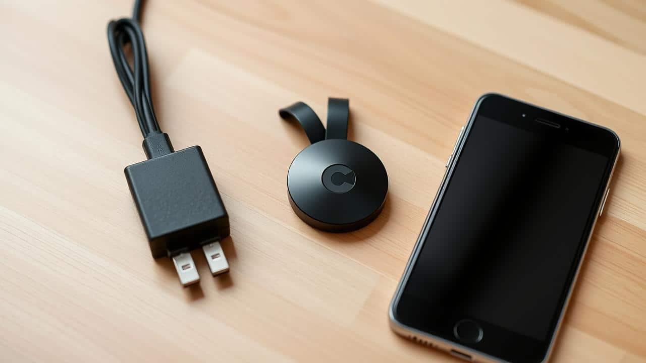 Itens essenciais para a instalação do Chromecast: dispositivo, cabos, adaptador e smartphone.